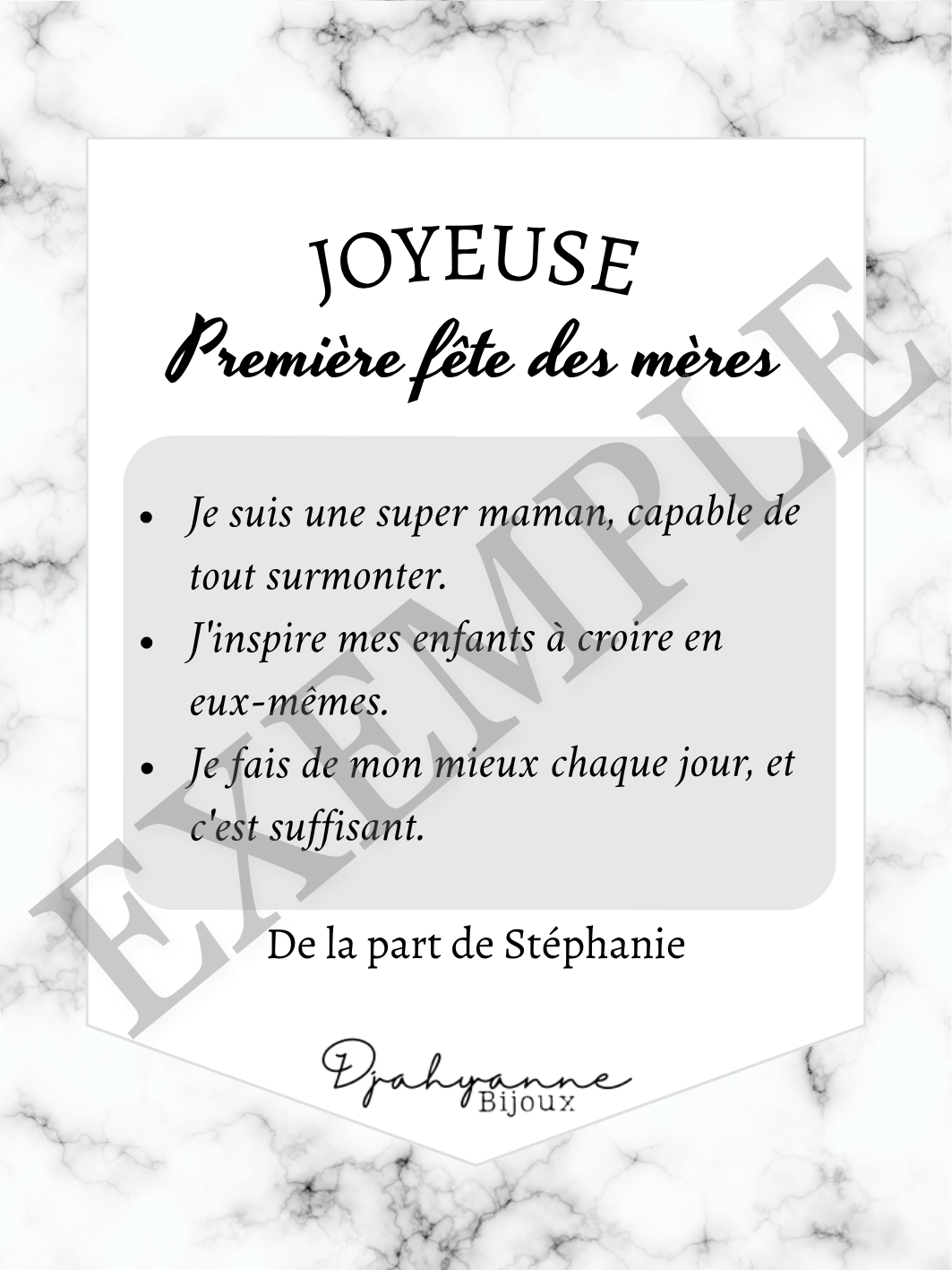Carte personnalisable à Offrir - Marbre Gris - Djahyanne Bijoux carte cadeau à message personnalisable