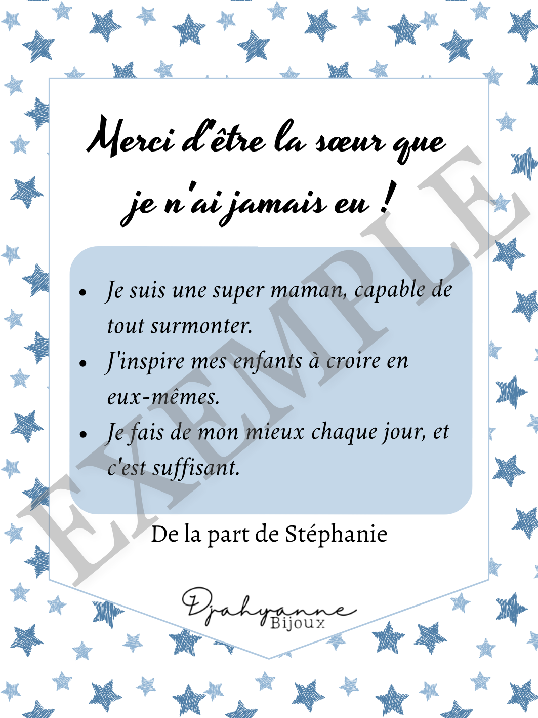 Carte personnalisable à Offrir - Etoiles Bleus - Djahyanne Bijoux carte cadeau à message personnalisable