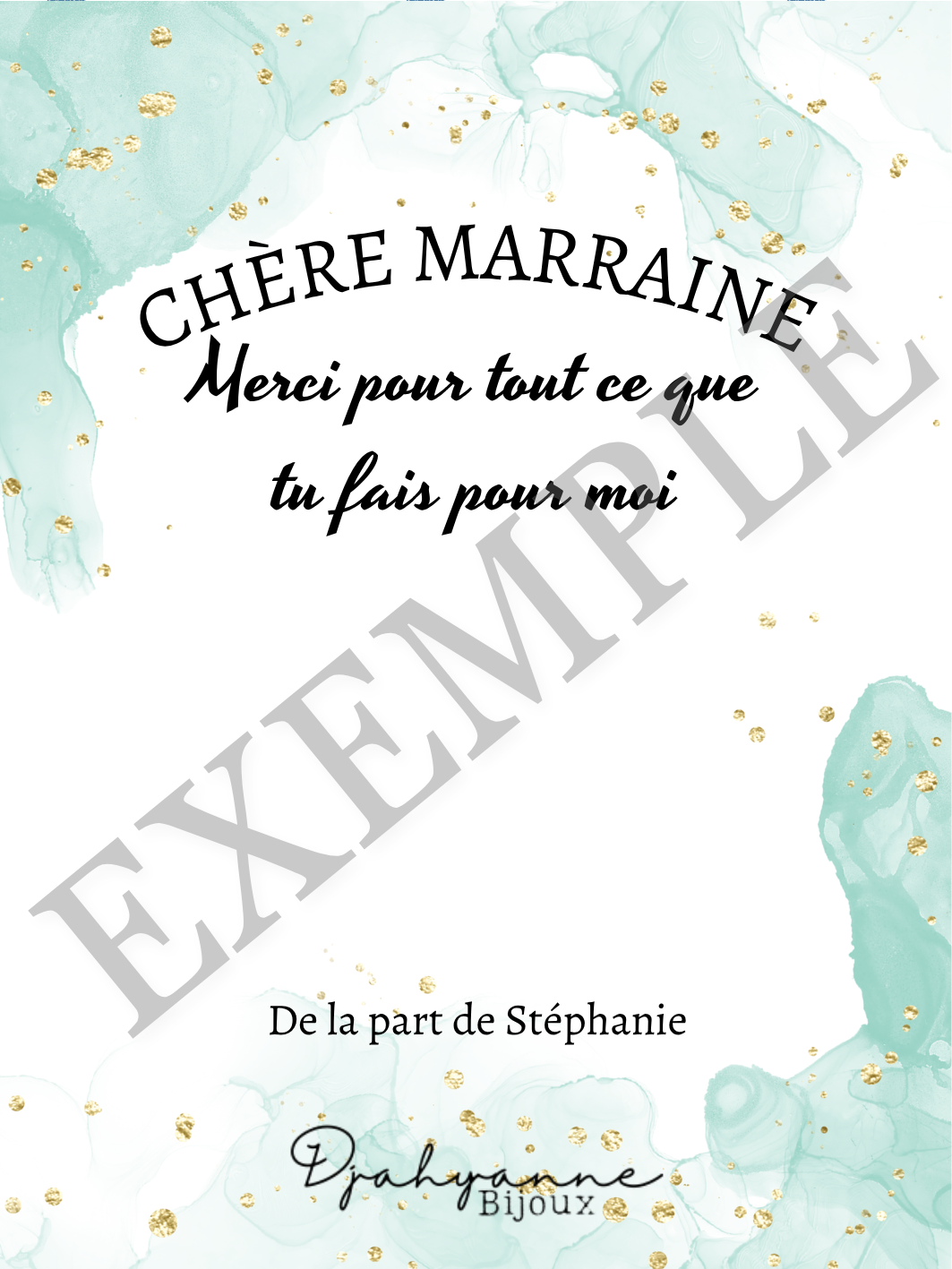 Carte cadeau personnalisable à Offrir - Encre verte à paillettes dorées - Djahyanne Bijoux carte cadeau à message personnalisable