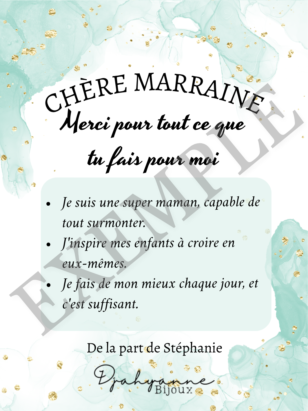 Carte cadeau personnalisable à Offrir - Encre verte à paillettes dorées - Djahyanne Bijoux carte à message personnnalisable