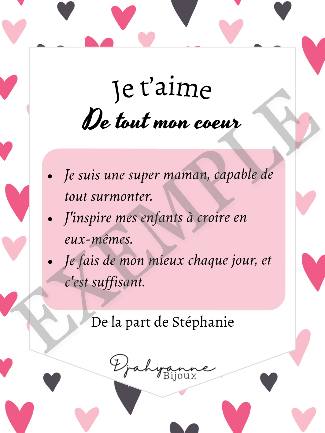 Carte personnalisable à Offrir - Coeurs Roses et Noirs - Djahyanne Bijoux carte cadeau à message personnalisable