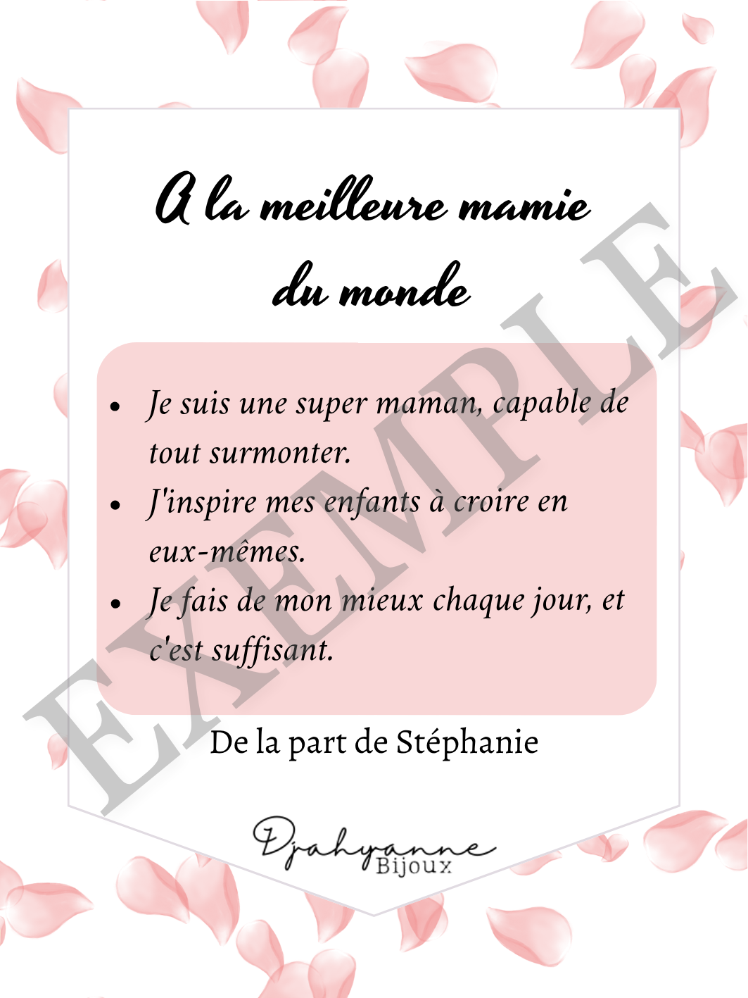 Carte personnalisable à Offrir - Pétales Roses - Djahyanne Bijoux carte cadeau à message personnalisable