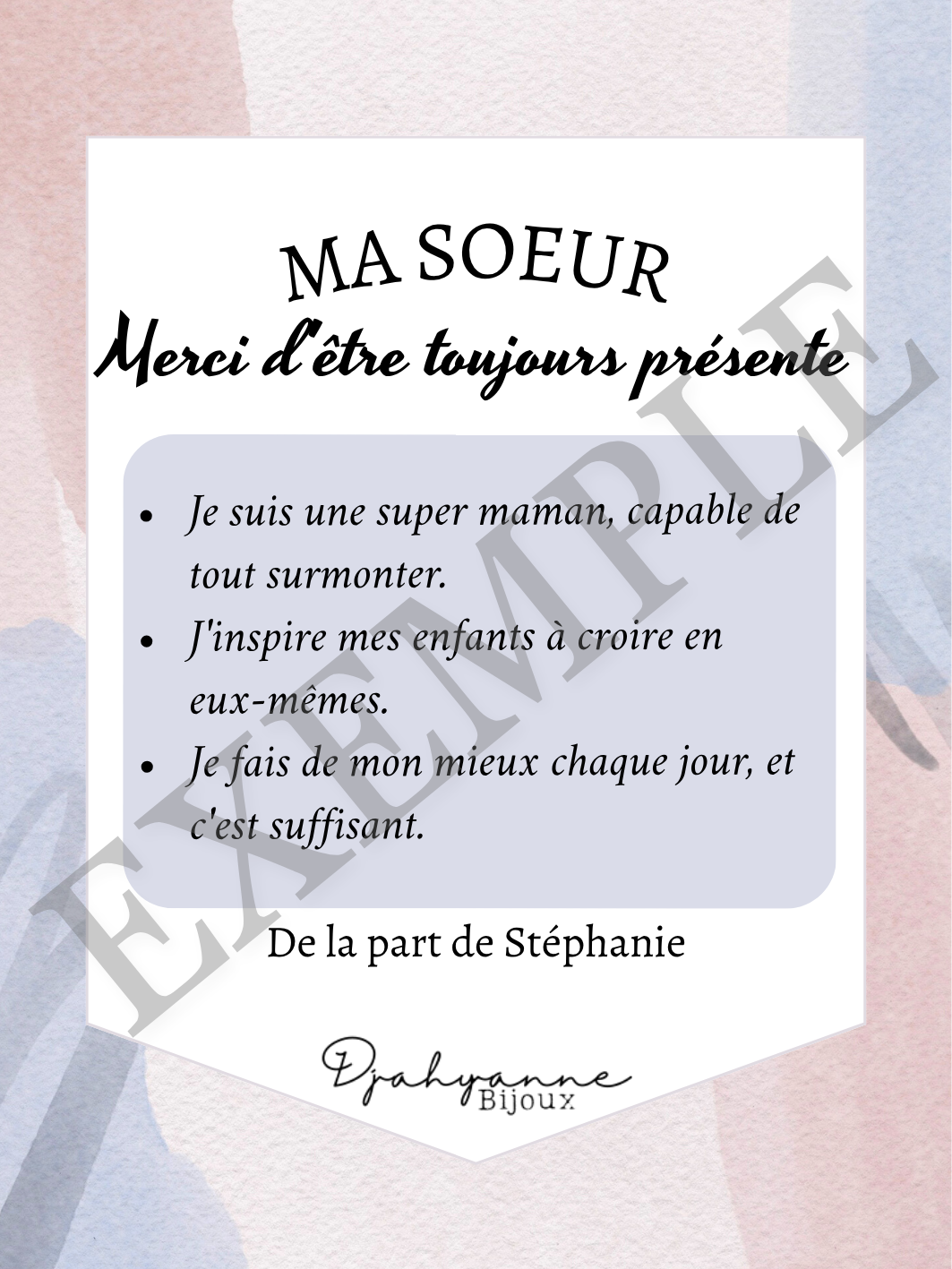 Carte personnalisable à Offrir - Couleurs Pastels - Djahyanne Bijoux carte cadeau à message personnalisable