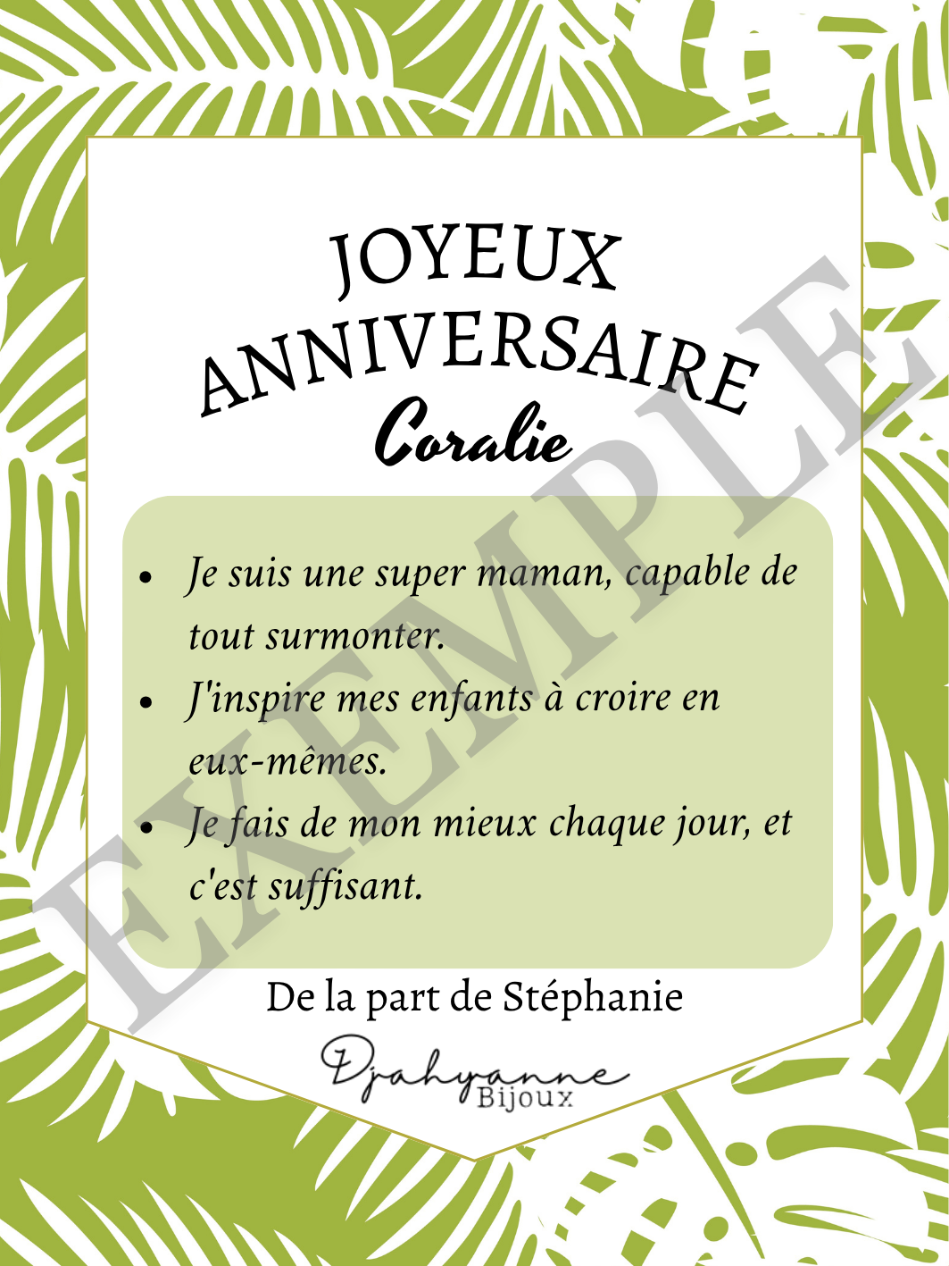 Carte personnalisable à Offrir - Vert - Djahyanne Bijoux carte cadeau à message personnalisable